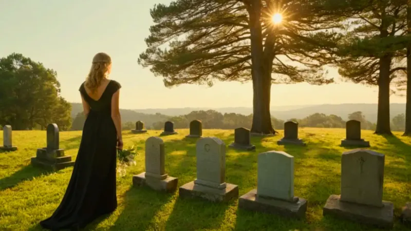 Mujer solitaria con flores en el cementerio