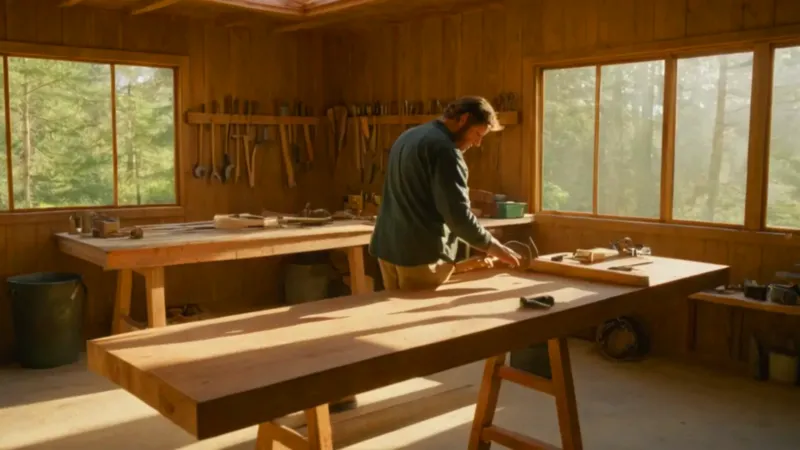 Artesano tallando madera frente al bosque