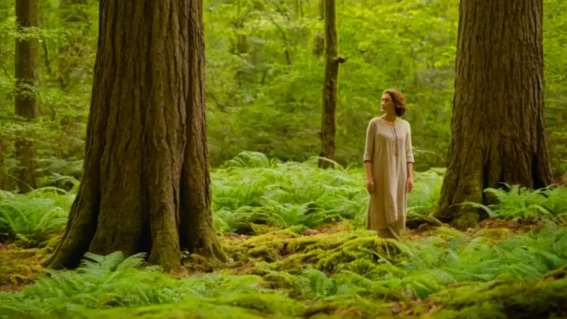 Mujer junto a un árbol en el bosque
