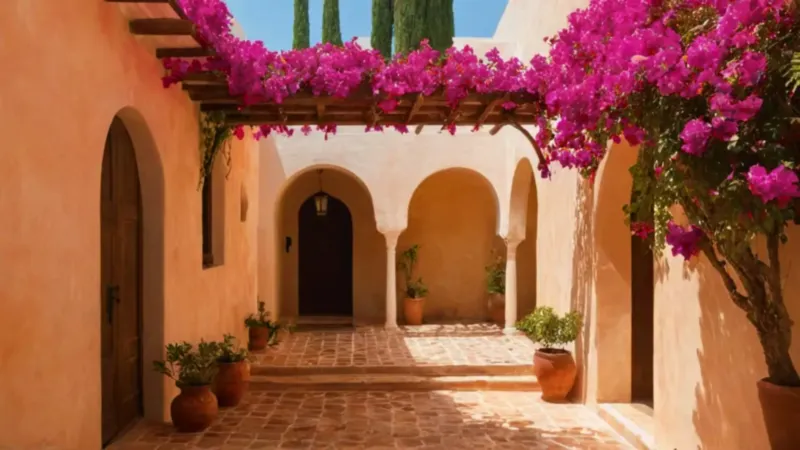 Patio mediterráneo de cálidas luces y sombras