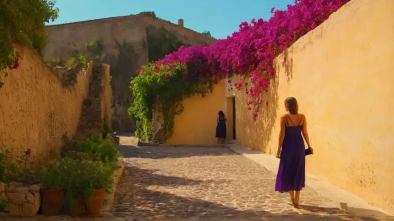 Mujer entre buganvillas en un callejón soleado