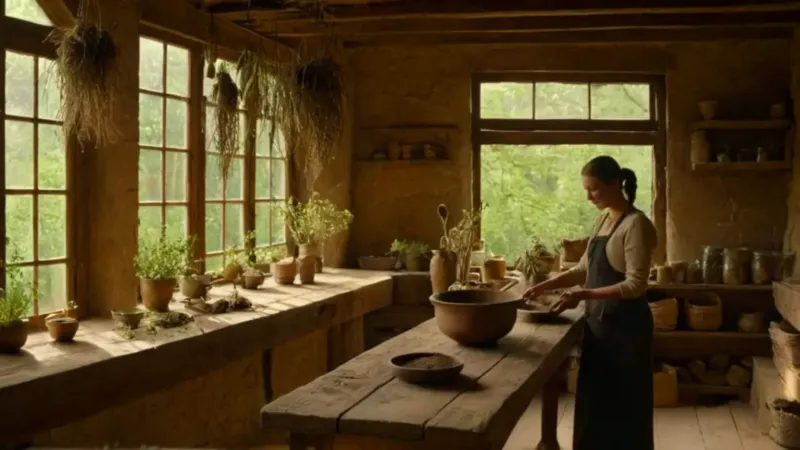 Herbolaria trabajando en su taller rústico