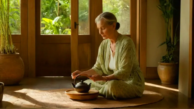 Anciana toma té en serena contemplación