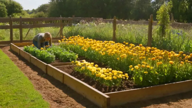 Una figura desentierra bulbos en el jardín