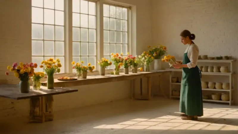 Florista trabaja en su luminoso taller