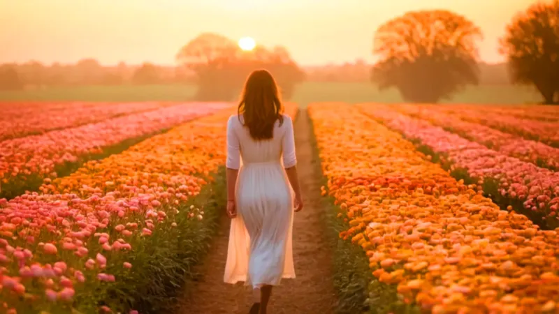 Mujer acaricia flores en el atardecer dorado