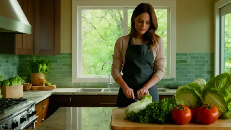Mujer preparando verduras en una cocina luminosa