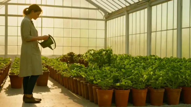 Persona contempla plantas en un invernadero