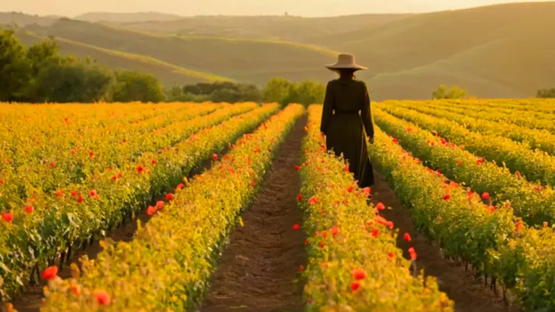 Alguien inspecciona amapolas en el atardecer