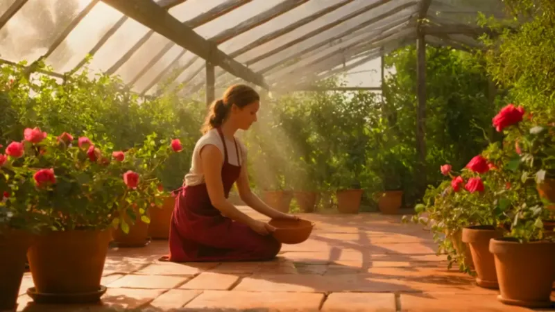 Mujer cuidando rosas en un invernadero