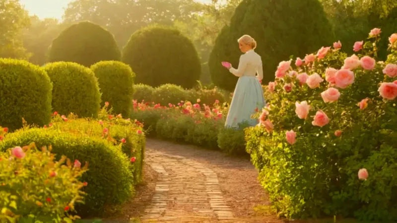 Un jardinero cuida las rosas al atardecer