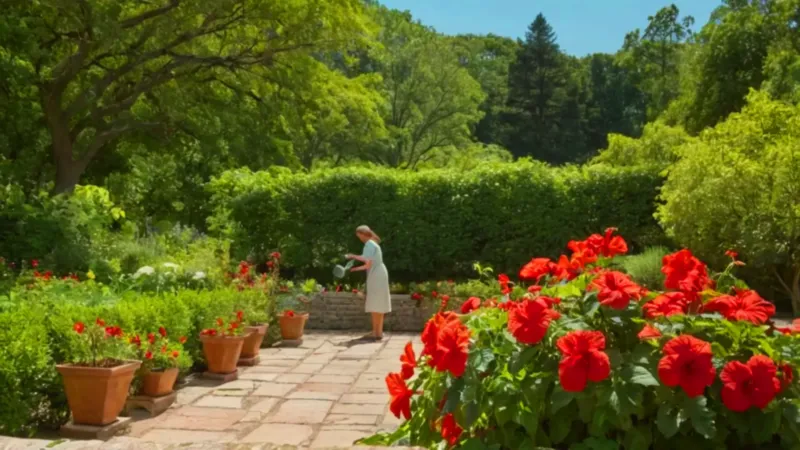 Un jardinero cuida su soleado jardín