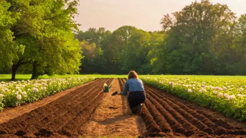 Una persona cultiva rosas en el campo