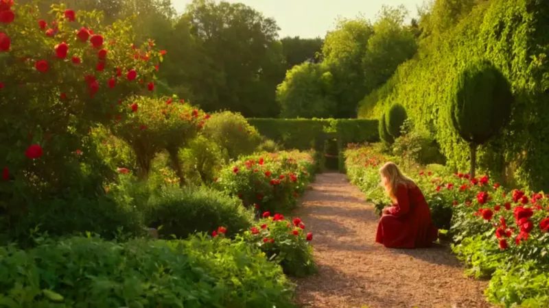 Jardinero entre rosales durante el atardecer