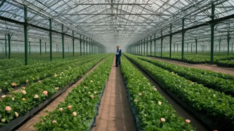 Jardinero en un inmenso invernadero de rosas
