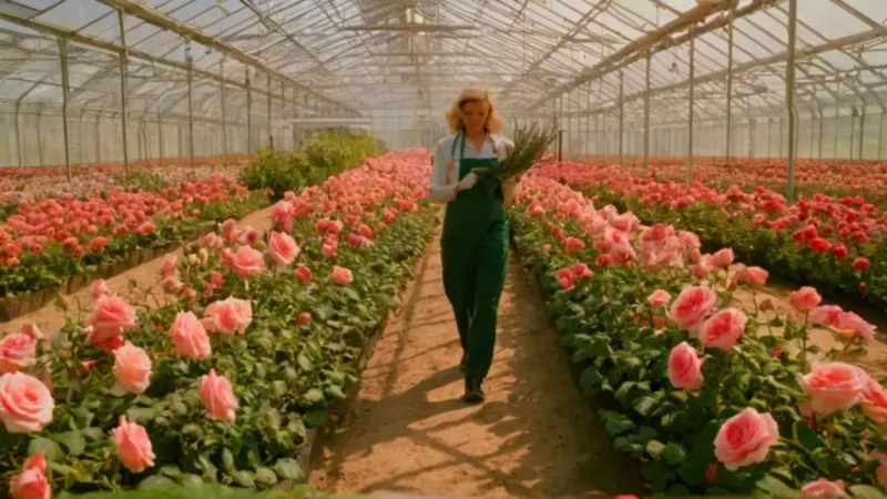 Un floricultor cuida rosas en un invernadero