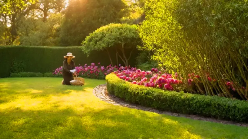 Alguien cuida un rosal al atardecer