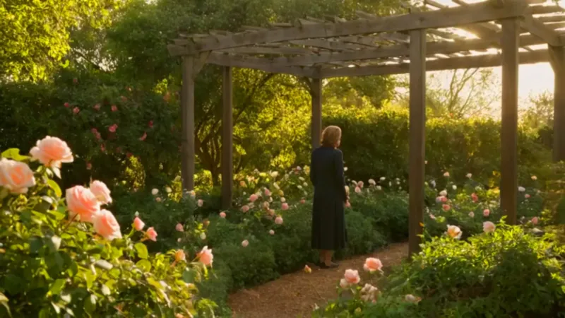 Alguien cuida las rosas en el atardecer