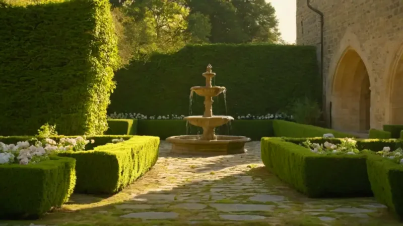 Una figura cuida rosas en el claustro