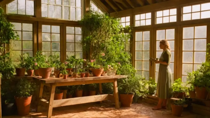 Mujer cuida plantas en un invernadero soleado