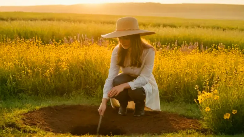 Mujer planta un árbol en el jardín