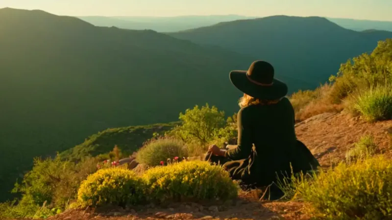 Figura a contraluz cultiva en la montaña
