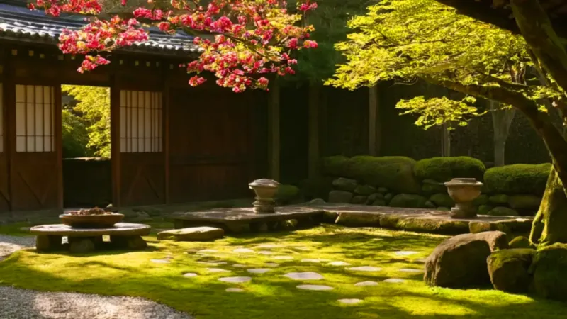 Persona cuida un sereno jardín al atardecer
