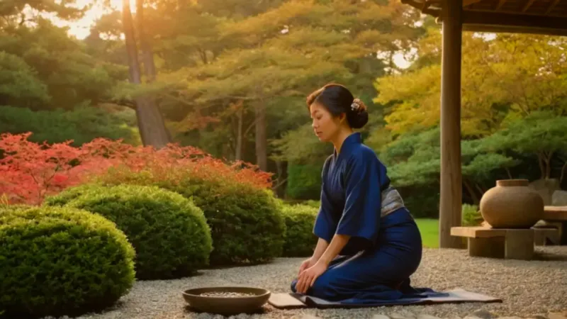 Mujer en kimono en un jardín sereno