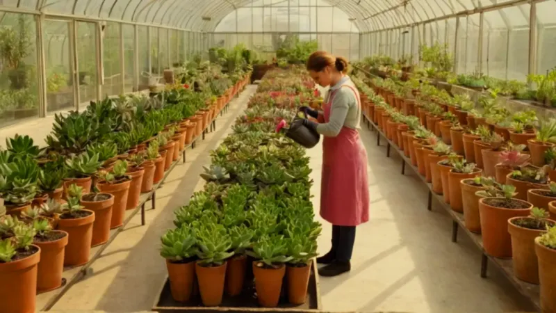 Una mujer cuida plantas en un invernadero