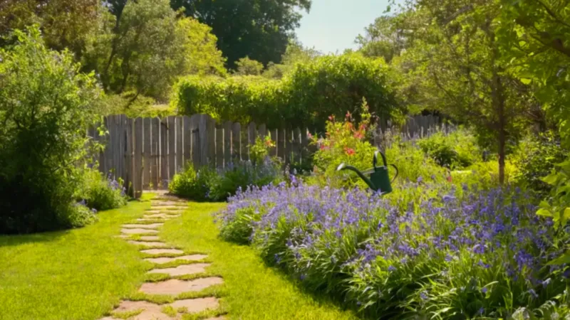 Una persona riega un jardín en flor