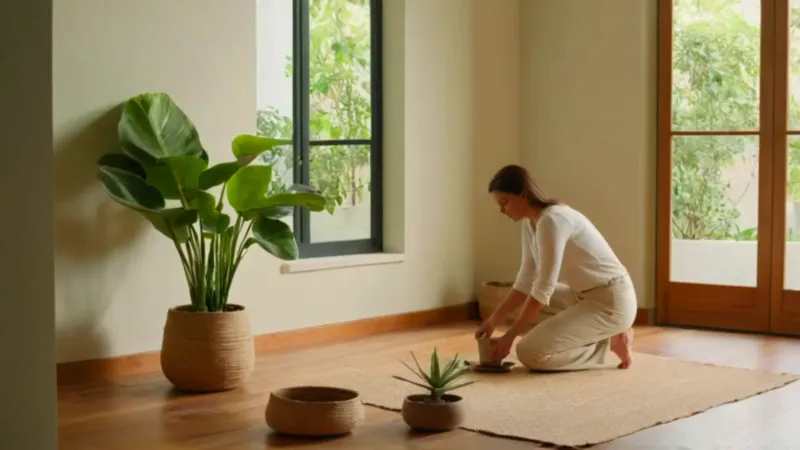 Mujer arregla plantas en un cuarto luminoso