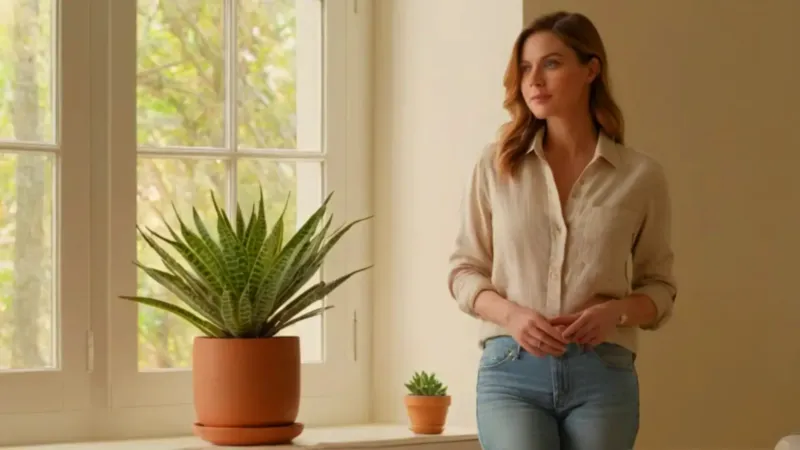 Mujer con planta en un espacio tranquilo