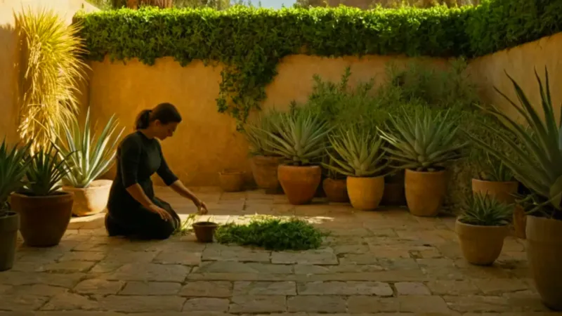 Figura cuida áloes en un patio dorado