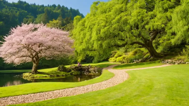 Jardín japonés sereno con cerezo en flor