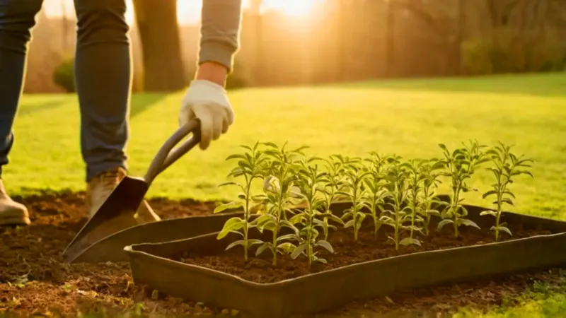 Alguien planta un brote en el jardín