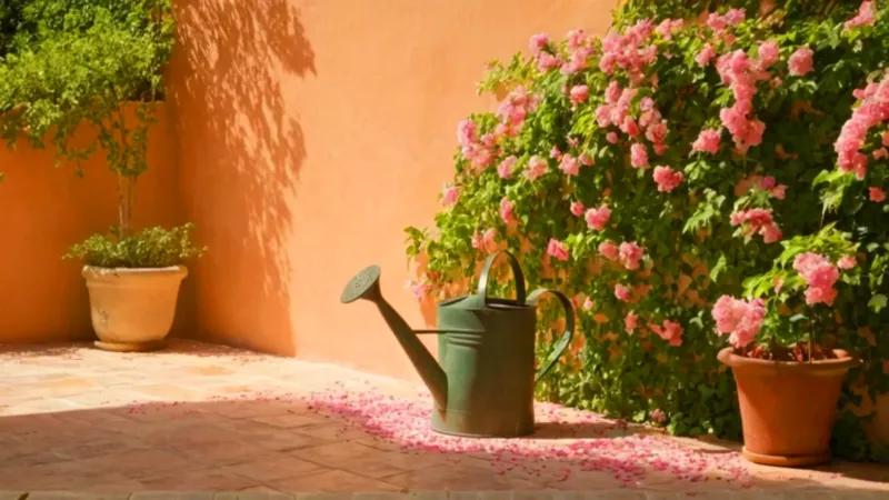 Cuidando flores en un patio soleado