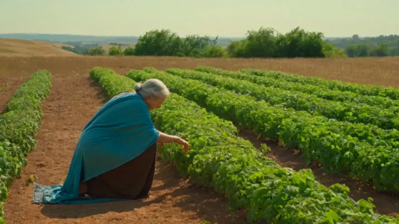 Anciana cosecha la tierra bajo el sol