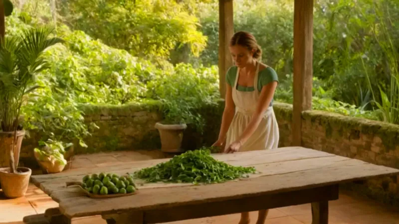Mujer seleccionando hojas en una terraza soleada