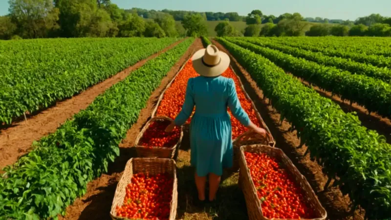 Alguien cosecha pimientos bajo el sol