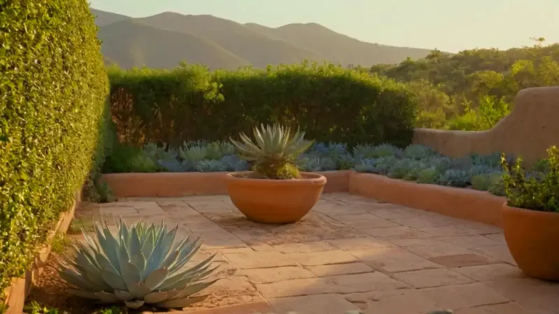 Persona en un jardín rústico al atardecer