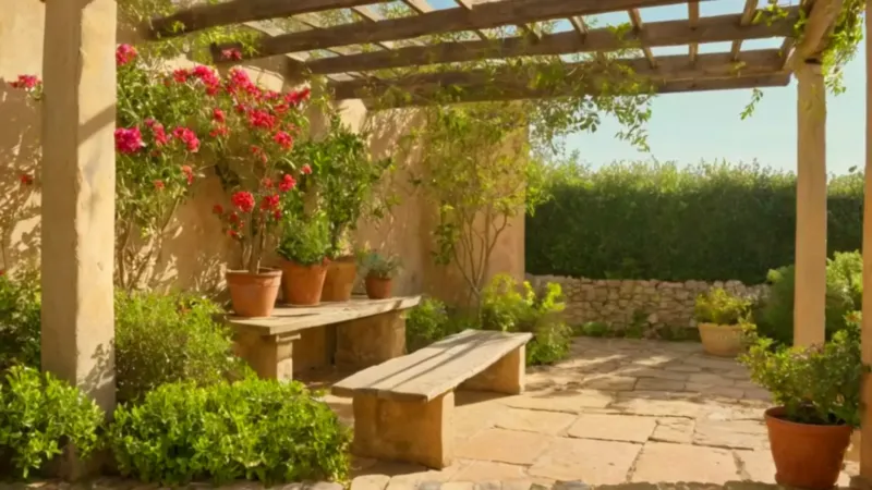 Mujer cuida sus plantas en un patio