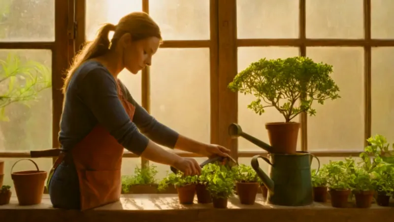 Mujer cuida una planta en su invernadero