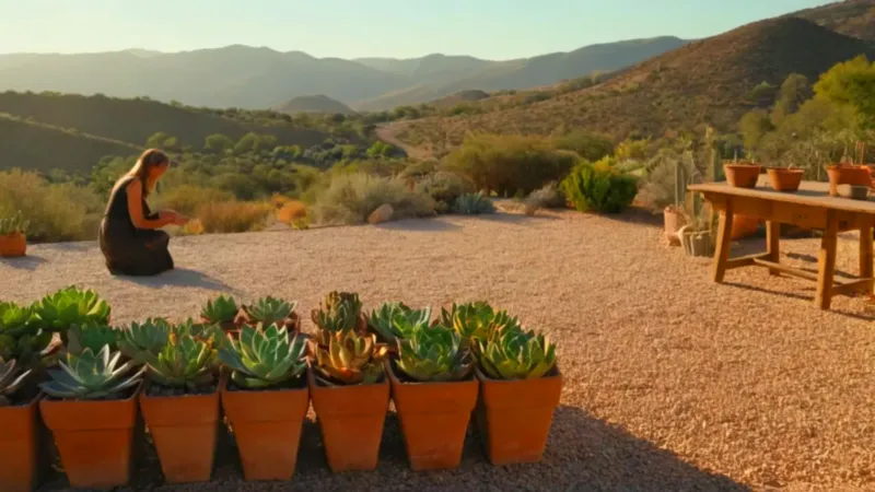 Una figura cuida suculentas en el desierto