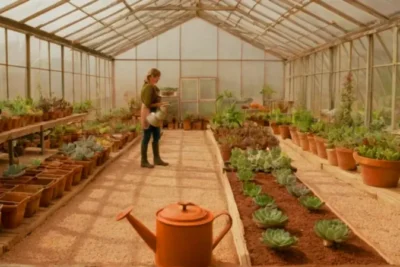 Jardinero trabajando en un invernadero luminoso