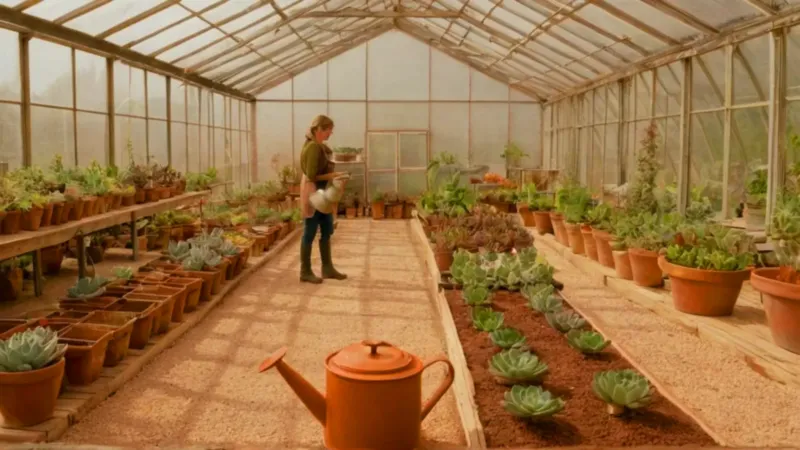 Jardinero trabajando en un invernadero luminoso