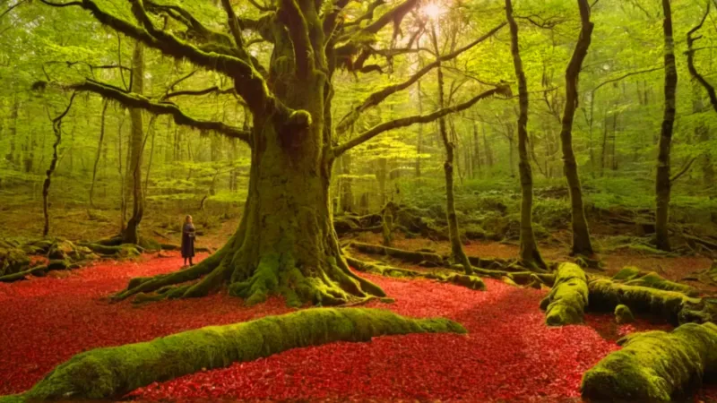 Figura contempla un árbol ancestral en el bosque