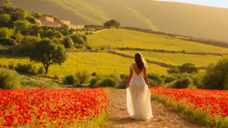 Serena mujer en un vasto campo florido