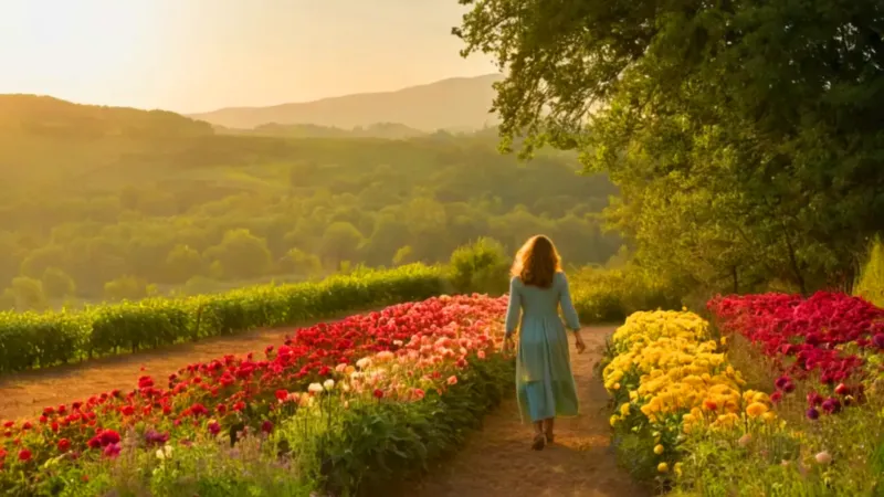 Mujer contempla dalias en un atardecer dorado