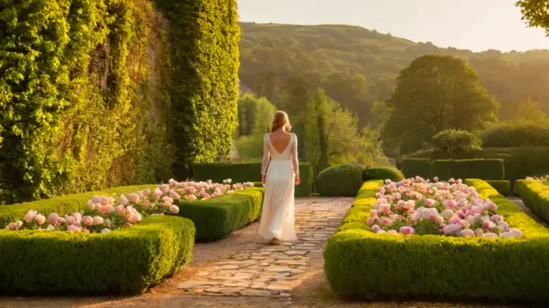 Mujer de espaldas en un jardín dorado