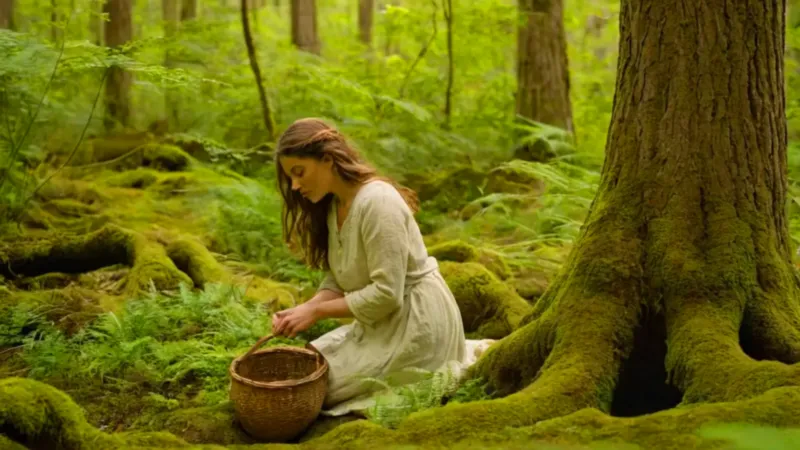 Mujer cosecha hierbas en el bosque